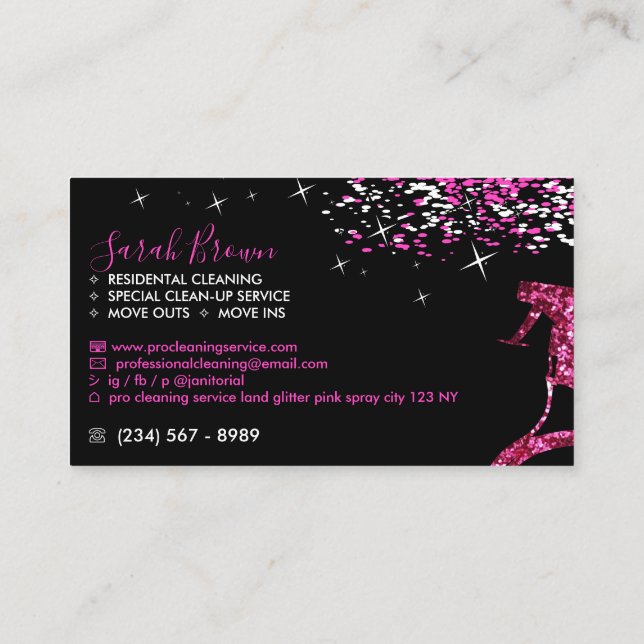 Black Pink Spray Sparkling Maid House Cleaning Business Card (Back)