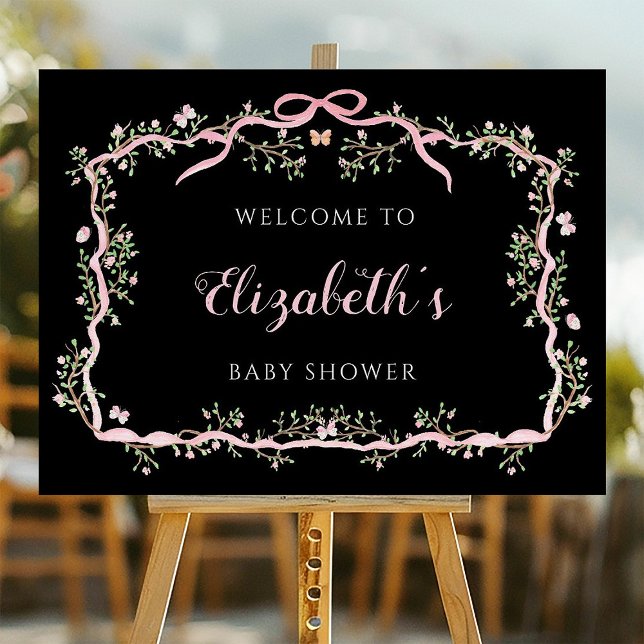 Black Pink Spring Garden Baby Shower Welcome Sign  (Creator Uploaded)