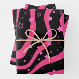 Black &Pink Stars On Lines Elegant Feminine Design Wrapping Paper Sheet