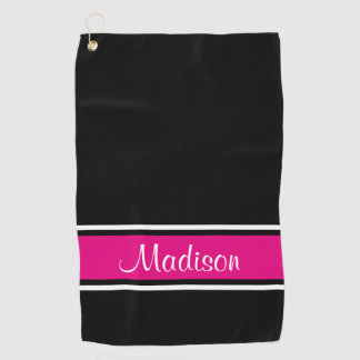 Black Pink Stripe Script Name Golf Towel