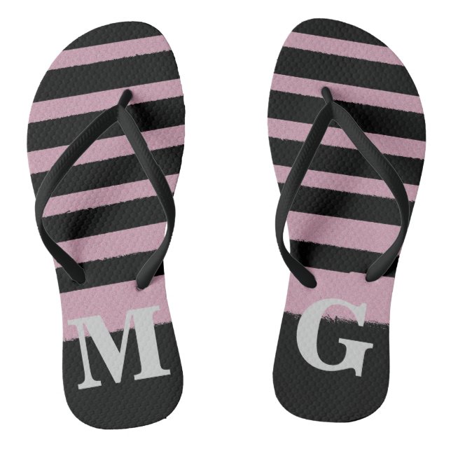 Black Pink Striped Cool Simple Patterns Jandals (Footbed)