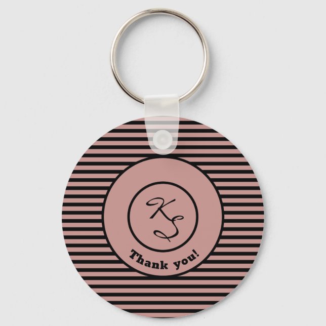 Black & Pink Stripes Custom Monogram, Company Name Key Ring (Front)