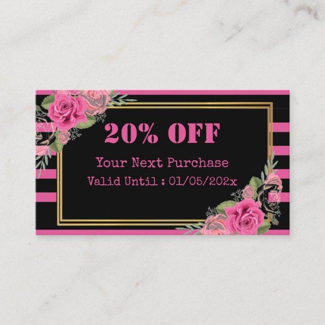  Black Pink Stripes Floral QR Code Discount Card (Front)