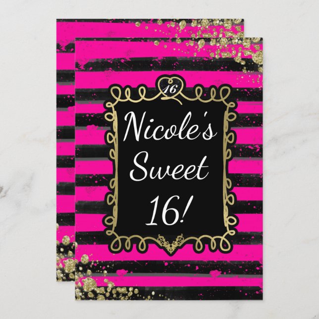 Black & Pink Stripes Gold Foil Party Invitations (Front/Back)