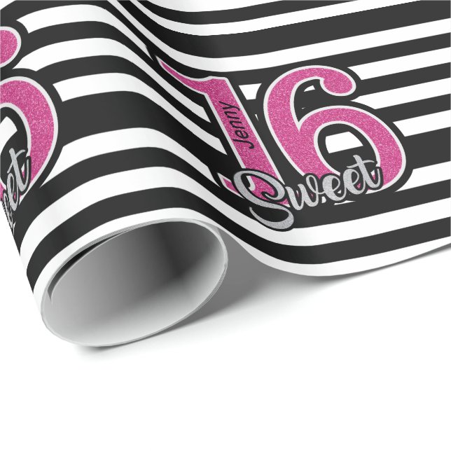 Black Pink Sweet 16 Personalised Wrapping Paper (Roll Corner)