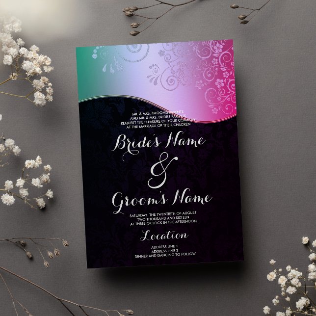 Black Pink Teal Gradient Floral Damask  Wedding  Invitation (Black Pink Teal Gradient Floral Damask Wedding )