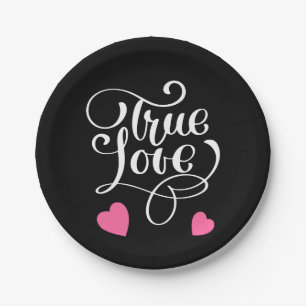 Black & Pink True Love Typography Wedding Party Paper Plate