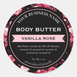 Black Pink Vanilla Rose Product Labels. Classic Round Sticker
