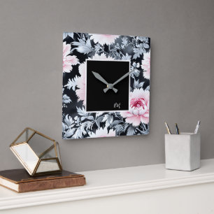 black & pink vintage Beautiful Garden Flowers Square Wall Clock