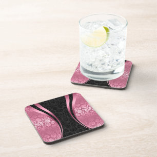 Black & Pink Vintage Floral Damask Pattern Coaster