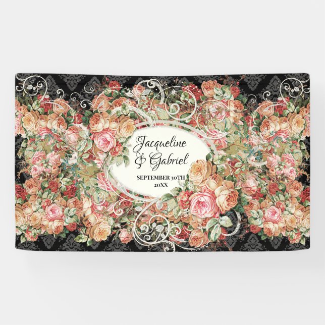 Black Pink Vintage Rose Bouquet Bridal Shower Banner (Horizontal)