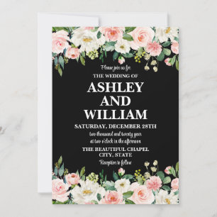 Black Pink & White Boho Bohemian Greenery Wedding Invitation