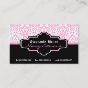 Black pink white damask interiors business cards