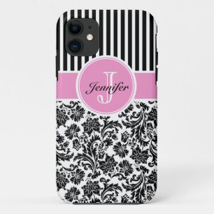 Black Pink & White Damask & Stripes Pattern 2 iPhone 11 Case