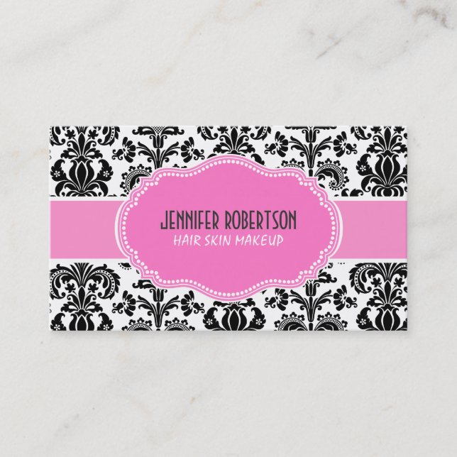 Black Pink & White Floral Damasks Business Card (Front)