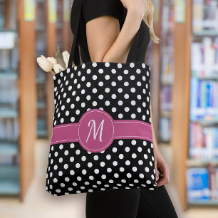 Black Pink White Monogram Polka Dots Tote Bag