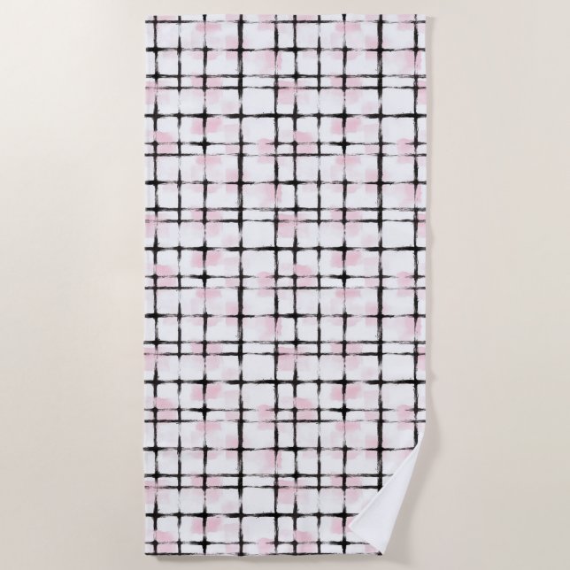 Black Pink White Plaid Stripes Beach Towel (Front)