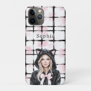 Black Pink White Plaid Stripes Blond Kitty Cat Case-Mate iPhone Case