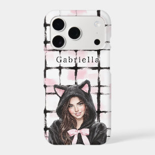 Black Pink White Plaid Stripes Brunette Kitty Cat