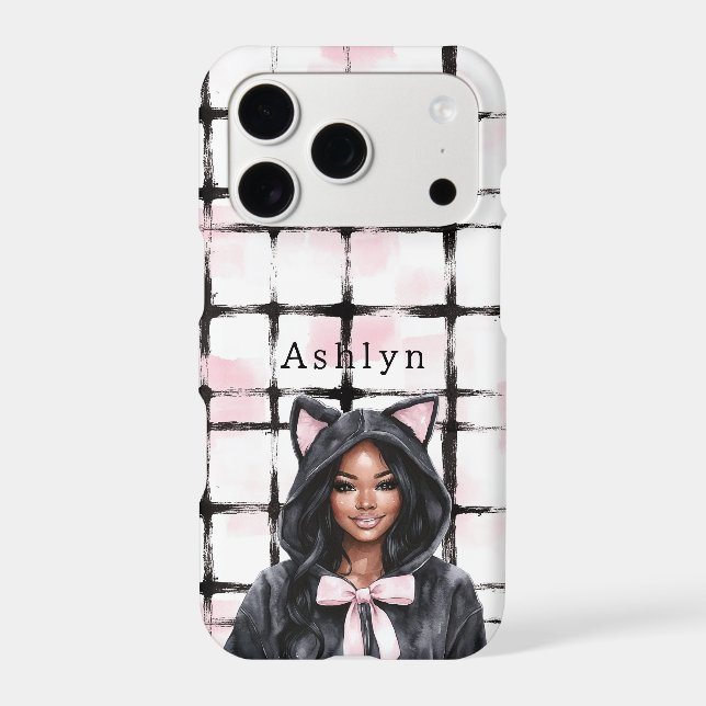 Black Pink White Plaid Stripes Kitty Cat (Back)