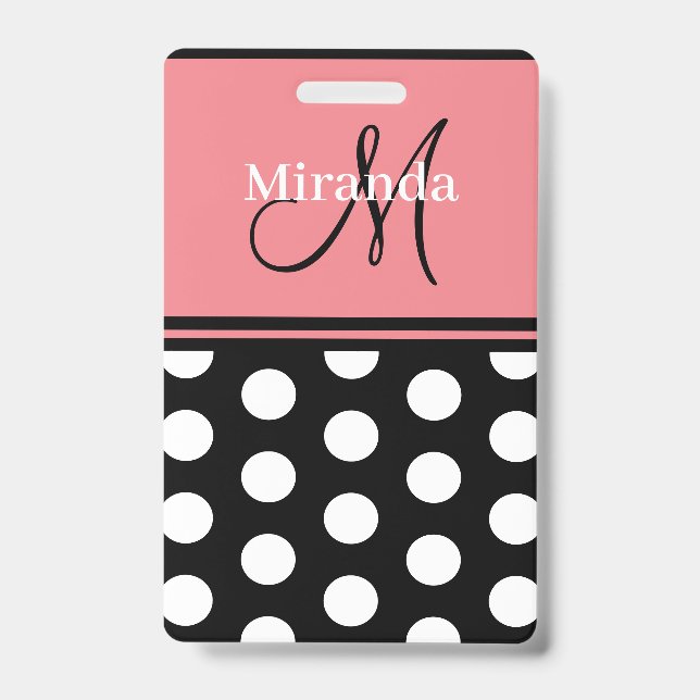 Black Pink White Polka Dots Monogram Script ID Badge (Front)