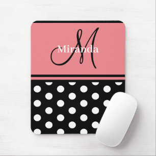 Black Pink White Polka Dots Monogram Script Mouse Pad