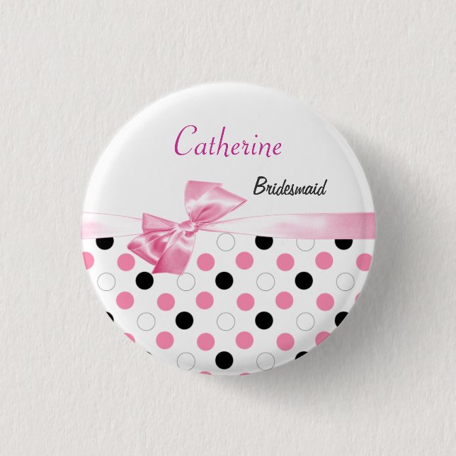 Black, pink, white polka dots Wedding Bridesmaid 3 Cm Round Badge (Front)