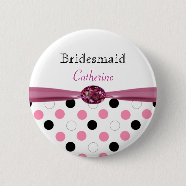 Black, pink, white polka dots Wedding Bridesmaid 6 Cm Round Badge (Front)