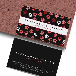Black Pink & White Puppy Dog Paw Print Pattern Business Card