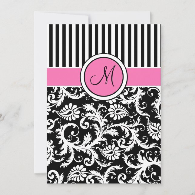 Black Pink White Striped Damask Wedding Invite (Front)