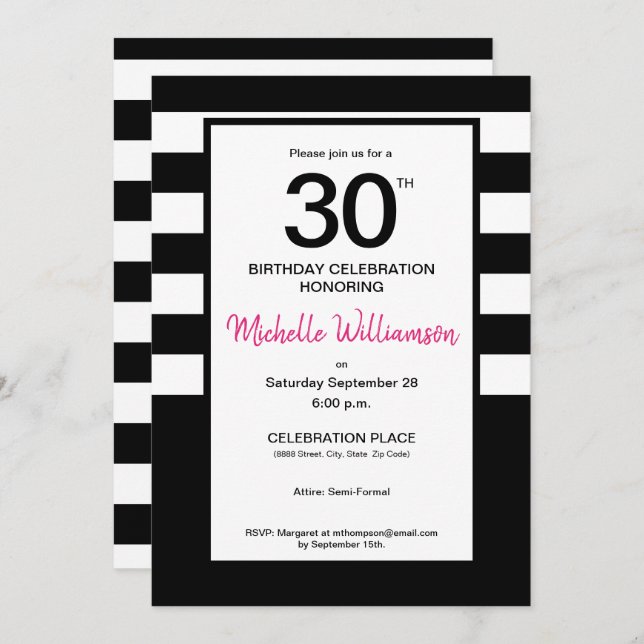 Black, Pink, White stripes, 30th birthday party Invitation (Front/Back)
