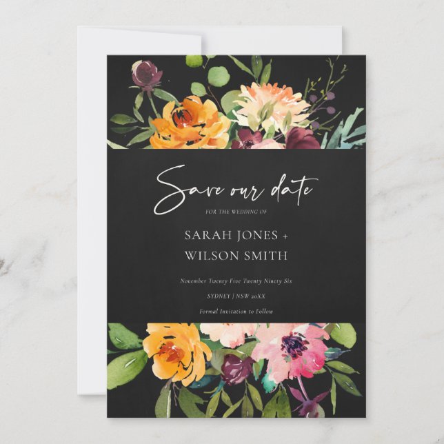 Black Pink Yellow Floral Save The Date Invite (Front)