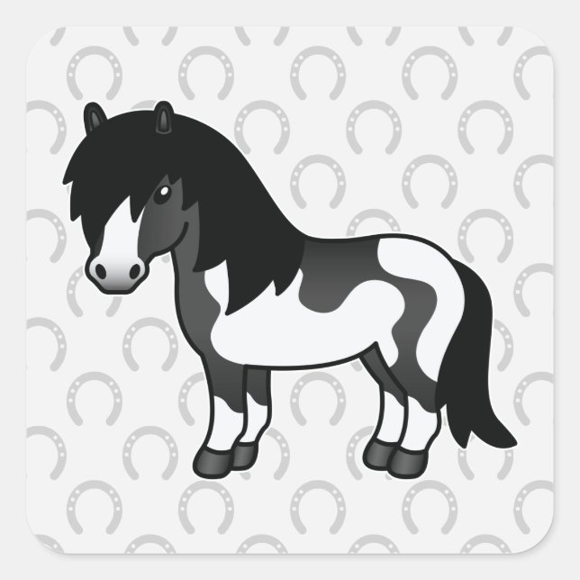Black Pinto Cartoon Shetland Pony Square Sticker (Front)