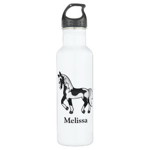 Black Pinto Cartoon Trotting Horse & Custom Name 710 Ml Water Bottle