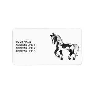 Black Pinto Cartoon Trotting Horse & Custom Text Label