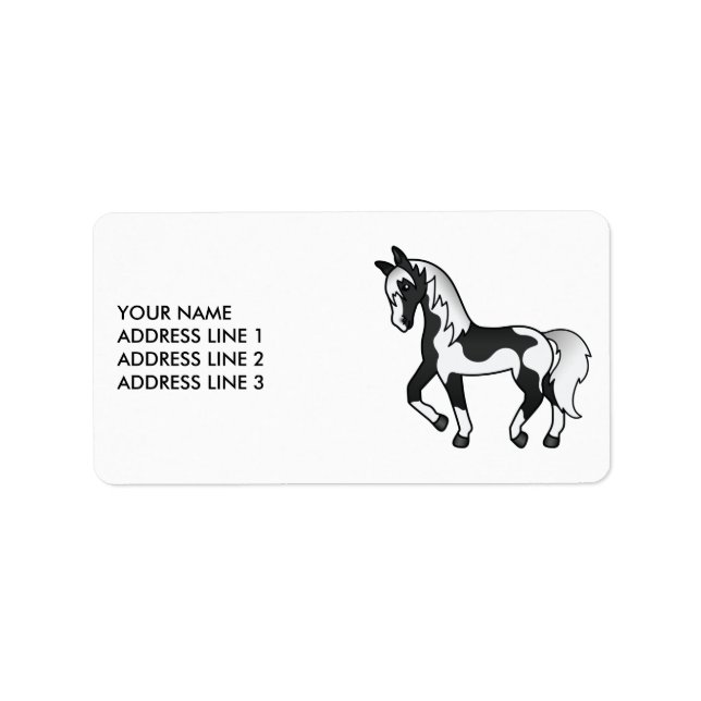 Black Pinto Cartoon Trotting Horse & Custom Text Label (Front)
