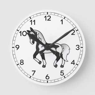 Black Pinto Cartoon Trotting Horse Illustration Round Clock