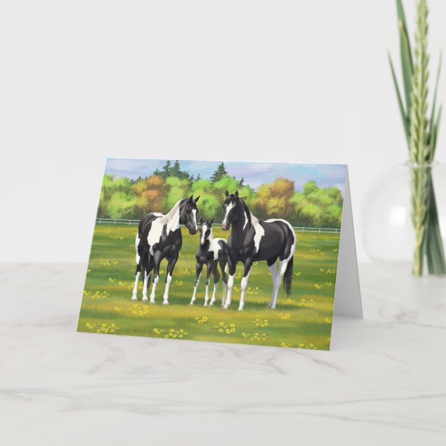 Black Pinto Paint Quarter Horses In Summer Pasture Card (Front)