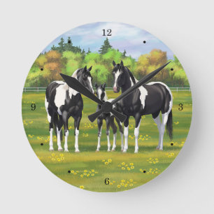 Black Pinto Paint Quarter Horses In Summer Pasture Round Clock