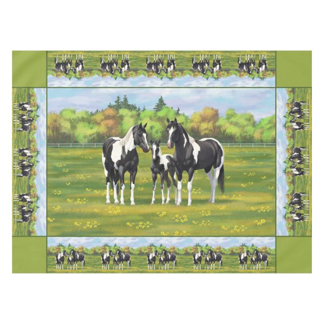 Black Pinto Paint Quarter Horses In Summer Pasture Tablecloth (Front (Horizontal))