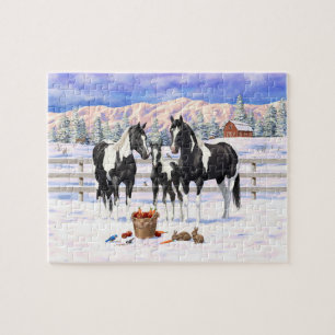 Black Pinto Paint Quarter Horses On A Farm In Snow Jigsaw Puzzle
