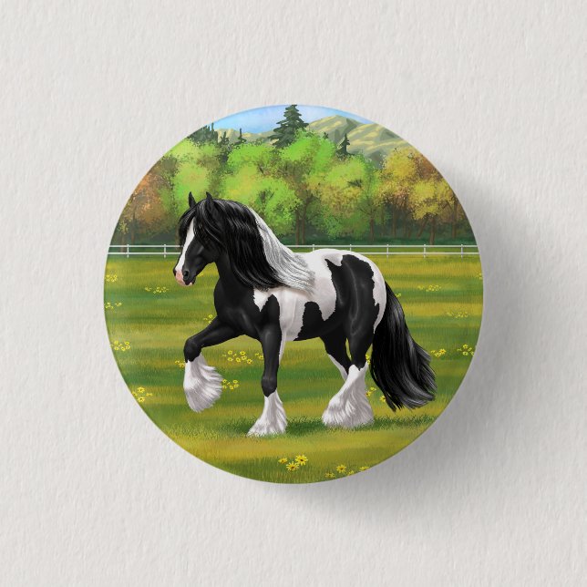 Black Pinto Piebald Gypsy Vanner Draught Horse 3 Cm Round Badge (Front)