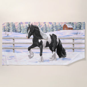 Black Pinto Piebald Gypsy Vanner Draught Horse Beach Towel