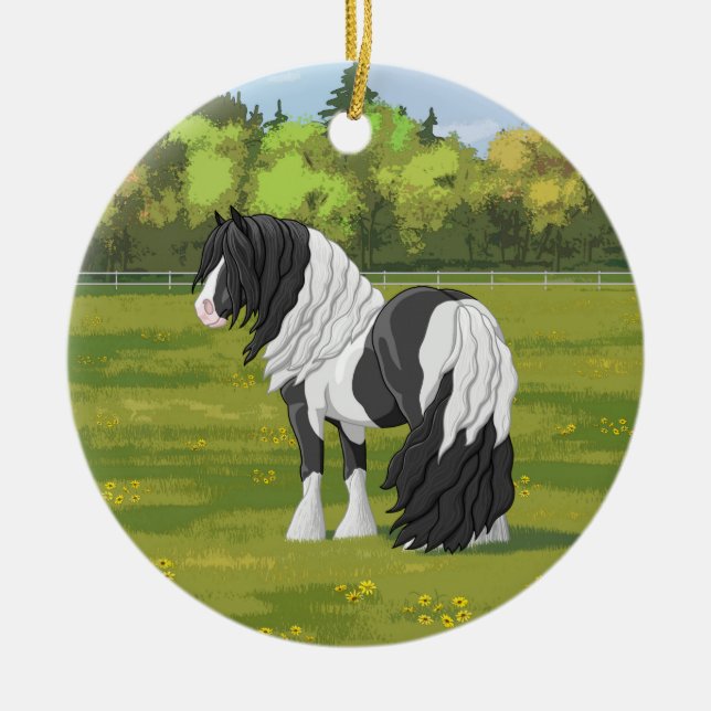 Black Pinto Piebald Gypsy Vanner Draught Horse Ceramic Tree Decoration (Front)