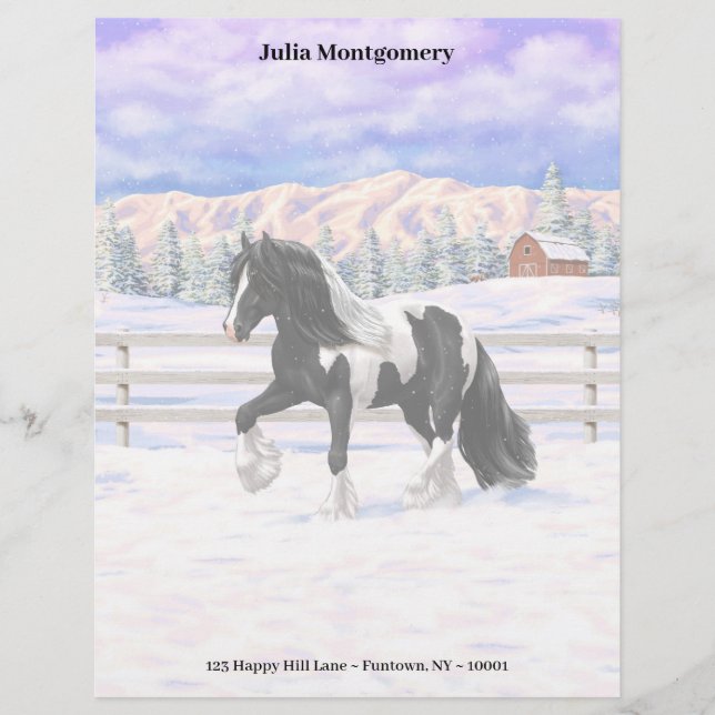 Black Pinto Piebald Gypsy Vanner Draught Horse Custom Letterhead (Front)