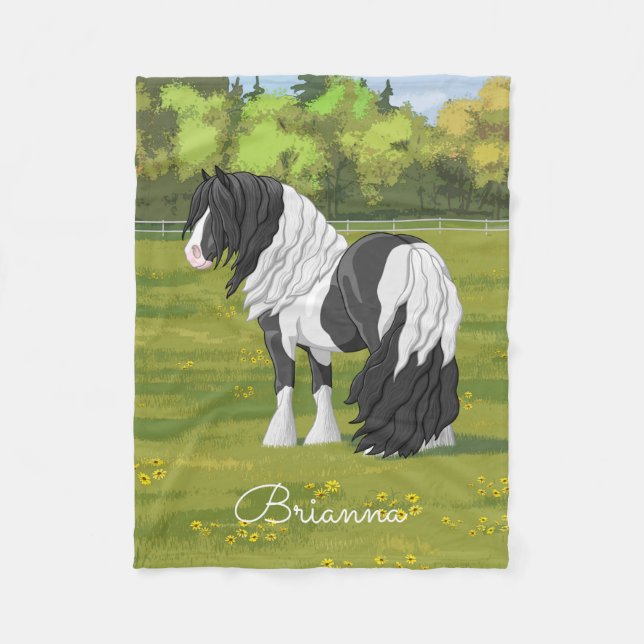 Black Pinto Piebald Gypsy Vanner Draught Horse Fleece Blanket (Front)