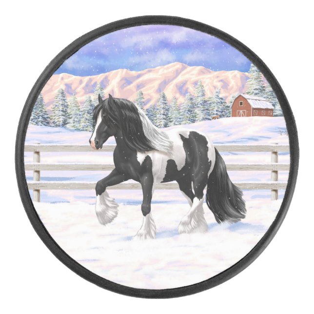 Black Pinto Piebald Gypsy Vanner Draught Horse Hockey Puck (Front)
