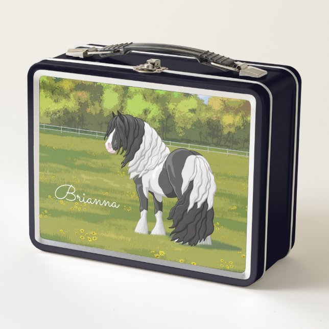 Black Pinto Piebald Gypsy Vanner Draught Horse Metal Lunch Box (Front)