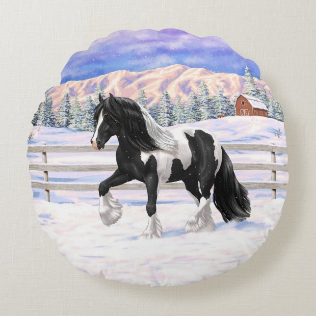 Black Pinto Piebald Gypsy Vanner Draught Horse Round Cushion (Front)