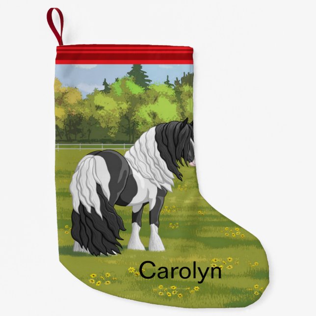 Black Pinto Piebald Gypsy Vanner Draught Horse Small Christmas Stocking (Front)